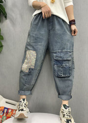 Bohemian Blue elastic waist patch applique denim Pants Spring