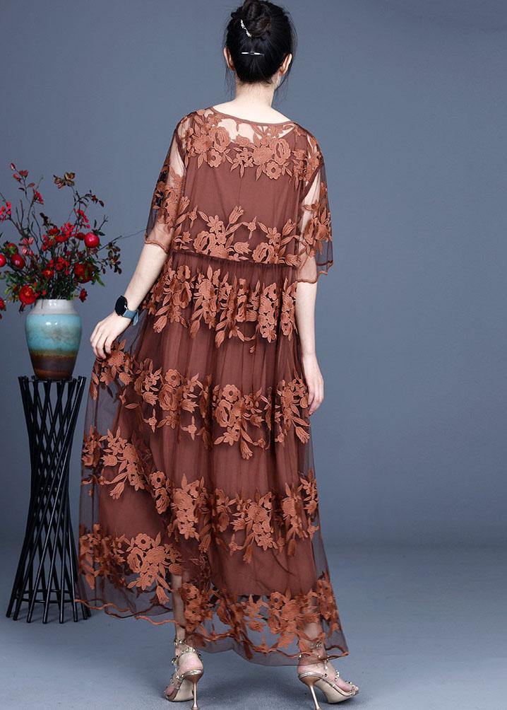 Bohemian Chocolate Embroideried Summer Lace Summer Dresses Half Sleeve - SooLinen