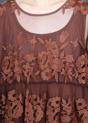 Bohemian Chocolate Embroideried Summer Lace Summer Dresses Half Sleeve - SooLinen