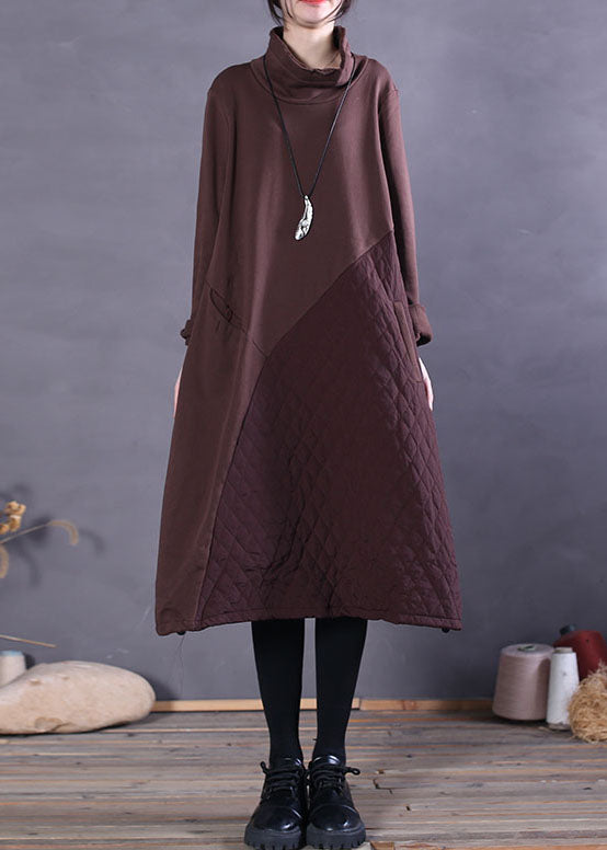 Bohemian Chocolate Turtle Neck Patchwork Cotton Dresses Spring