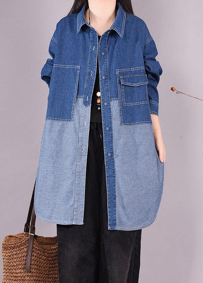 Bohemian Denim Light Blue Long Shirts Lapel Patchwork Oversized Blouse - SooLinen