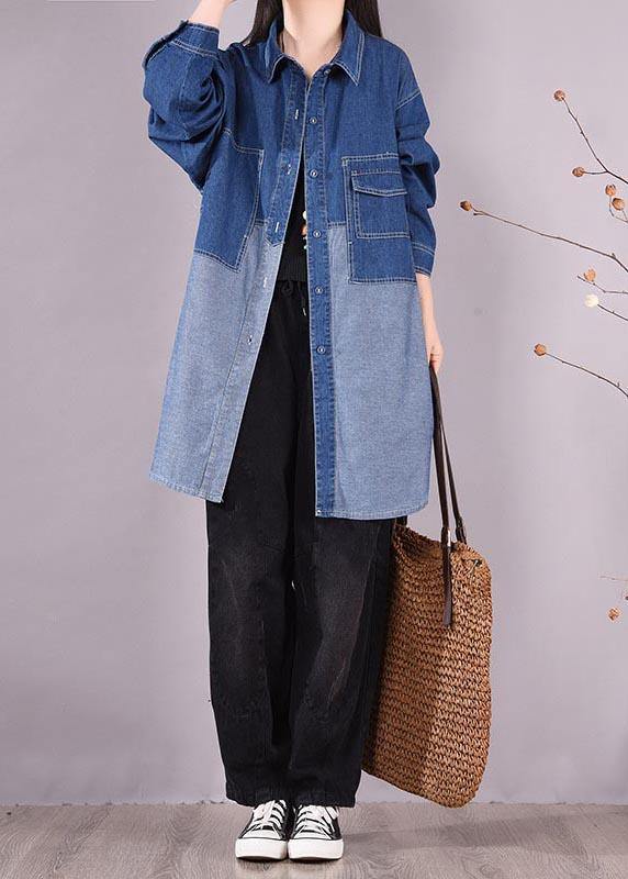 Bohemian Denim Light Blue Long Shirts Lapel Patchwork Oversized Blouse - SooLinen