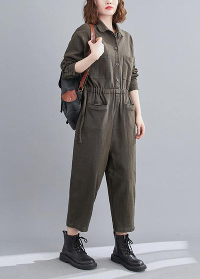 Bohemian Gray Green Pant Unique Spring Lapel Patchwork Jumpsuit Pants - SooLinen