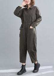 Bohemian Gray Green Pant Unique Spring Lapel Patchwork Jumpsuit Pants - SooLinen