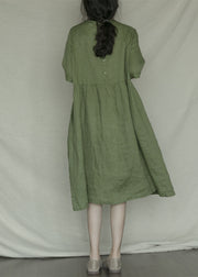 Bohemian Green Embroideried Casual Linen Dress Short Sleeve