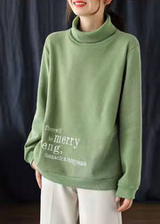 Bohemian Green Embroideried Turtle Neck Warm Fleece Sweatshirts Top Winter