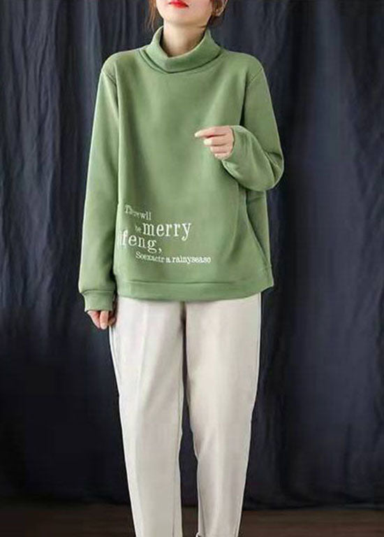 Bohemian Green Embroideried Turtle Neck Warm Fleece Sweatshirts Top Winter