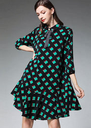 Bohemian Green Plaid Fashion Chiffon Fall Zippered Party Dresses Half Sleeve - SooLinen