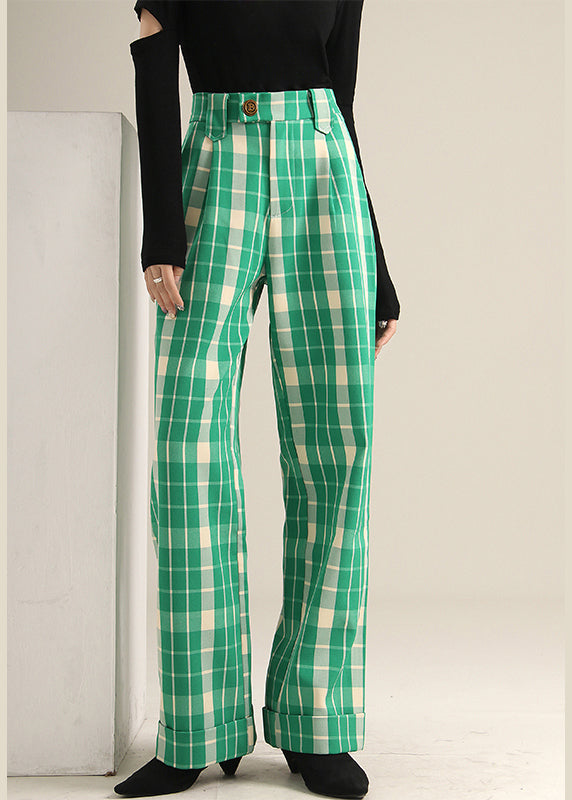 Bohemian Green Plaid high waist straight pants Spring