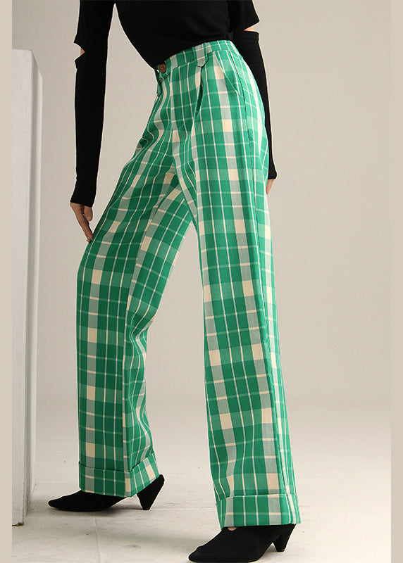 Bohemian Green Plaid high waist straight pants Spring