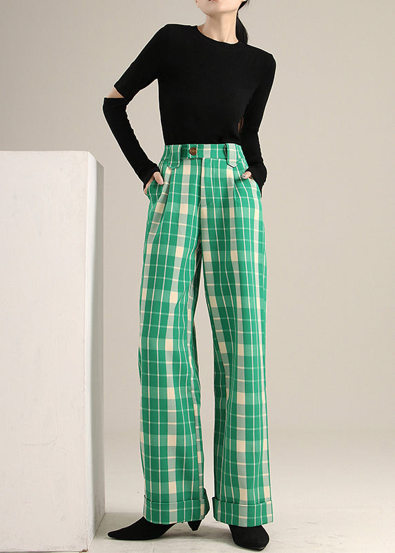 Bohemian Green Plaid high waist straight pants Spring