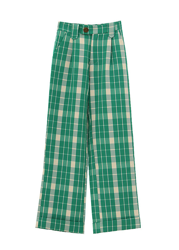 Bohemian Green Plaid high waist straight pants Spring