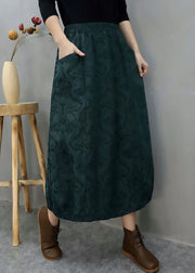 Bohemian Green Pockets Jacquard Cotton Skirts Winter