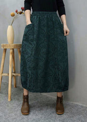 Bohemian Green Pockets Jacquard Cotton Skirts Winter