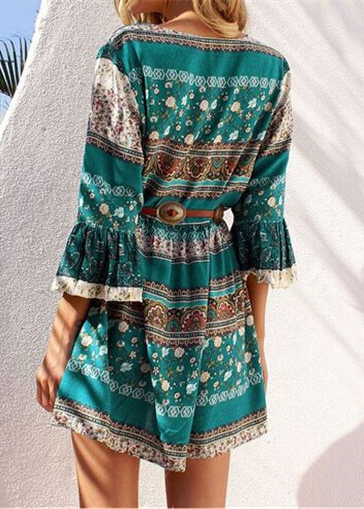 Bohemian Green Print Lace Up Chiffon Vacation Mid Dresses Flare Sleeve