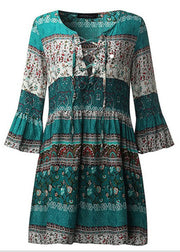 Bohemian Green Print Lace Up Chiffon Vacation Mid Dresses Flare Sleeve