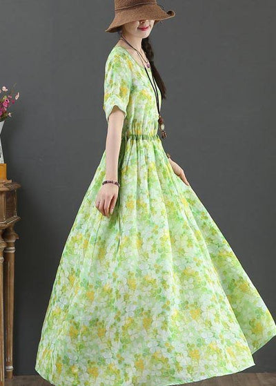 Bohemian Green Print Linen tie waist Summer Dress - SooLinen