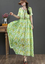 Bohemian Green Print Linen tie waist Summer Dress - SooLinen