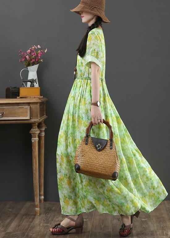 Bohemian Green Print Linen tie waist Summer Dress - SooLinen