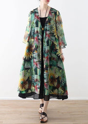 Bohemian Green Print Long Sleeve Chiffon Long Cardigan - SooLinen