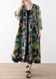 Bohemian Green Print Long Sleeve Chiffon Long Cardigan - SooLinen