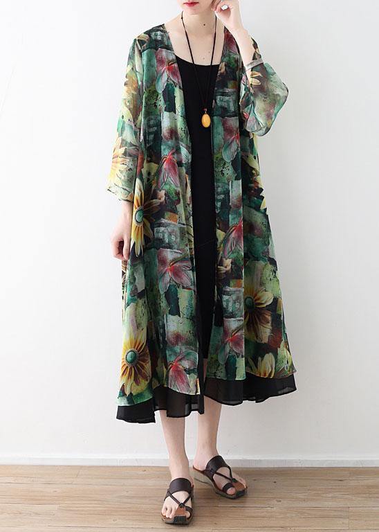 Bohemian Green Print Long Sleeve Chiffon Long Cardigan - SooLinen