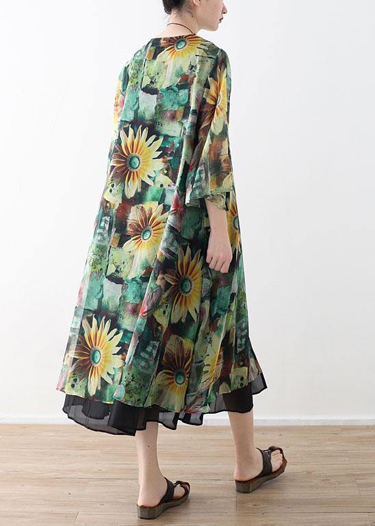 Bohemian Green Print Long Sleeve Chiffon Long Cardigan - SooLinen