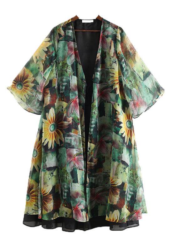 Bohemian Green Print Long Sleeve Chiffon Long Cardigan - SooLinen