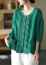 Bohemian Green Retro O-Neck Button Fall Shirt Tops Long Sleeve - SooLinen