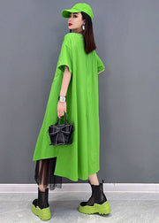 Bohemian Green Solid Asymmetrical Design Cotton Pullover Streetwear Dress Short Sleeve