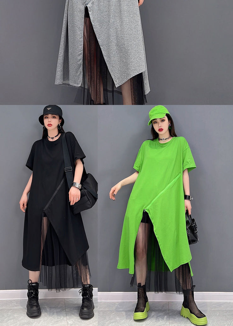 Bohemian Green Solid Asymmetrical Design Cotton Pullover Streetwear Dress Short Sleeve