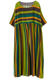 Bohemian Green Striped O-Neck wrinkled Pockets Beach Dress Short Sleeve