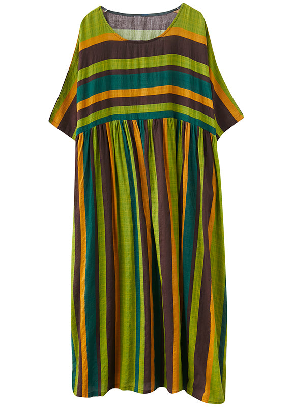 Bohemian Green Striped O-Neck wrinkled Pockets Beach Dress Short Sleeve