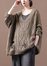 Bohemian Khaki Hole V Neck Fall Cozy Sweater - SooLinen