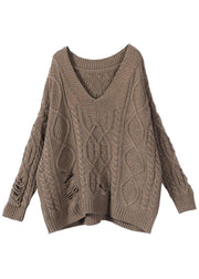 Bohemian Khaki Hole V Neck Fall Cozy Sweater - SooLinen