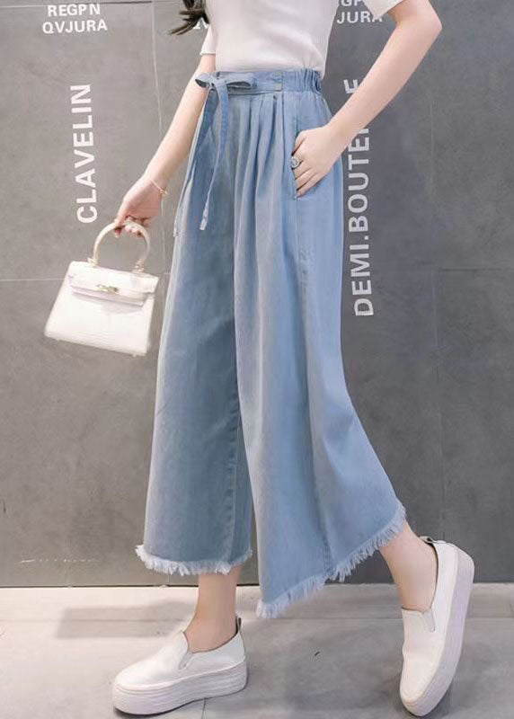 Bohemian Light Blue Bow Tassel Pockets Cotton Wide Leg Pants Summer