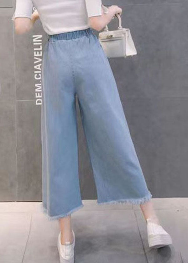 Bohemian Light Blue Bow Tassel Pockets Cotton Wide Leg Pants Summer