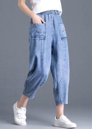 Bohemian Light Blue Elastic Waist Pockets Patchwork Cotton Denim Harem Pants Summer