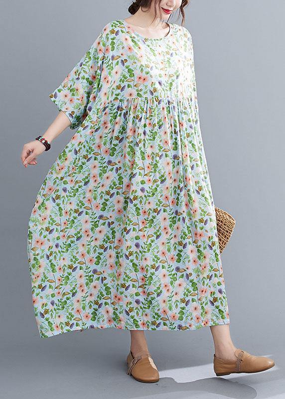 Bohemian Light Green O-Neck Patchwork Print Summer Dress Half Sleeve - SooLinen