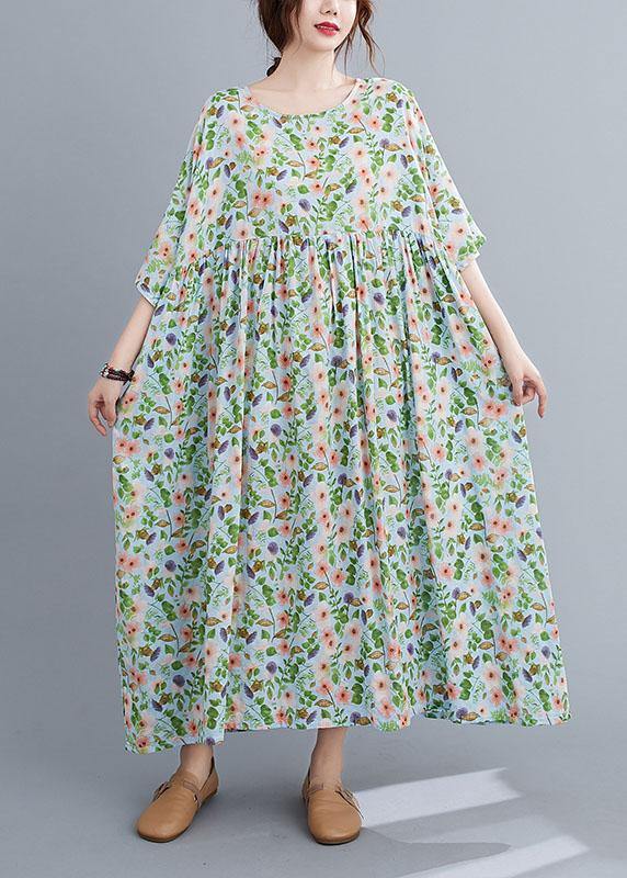 Bohemian Light Green O-Neck Patchwork Print Summer Dress Half Sleeve - SooLinen