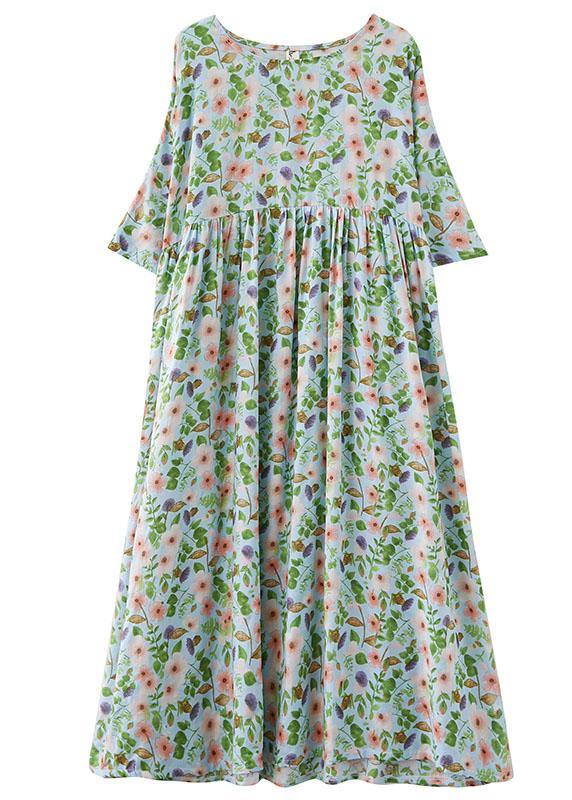 Bohemian Light Green O-Neck Patchwork Print Summer Dress Half Sleeve - SooLinen