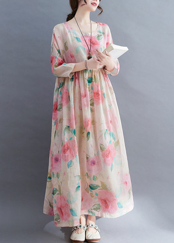 Bohemian O-Neck Cinched Floral Print vacation Dress Three Quarter sleeve