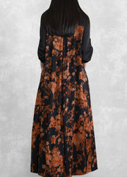 Bohemian Orange Print Dresses Asymmetric V Neck Maxi Spring Dresses - SooLinen