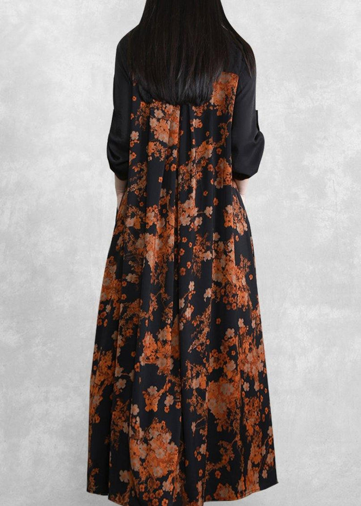 Bohemian Orange Print Dresses Asymmetric V Neck Maxi Spring Dresses - SooLinen