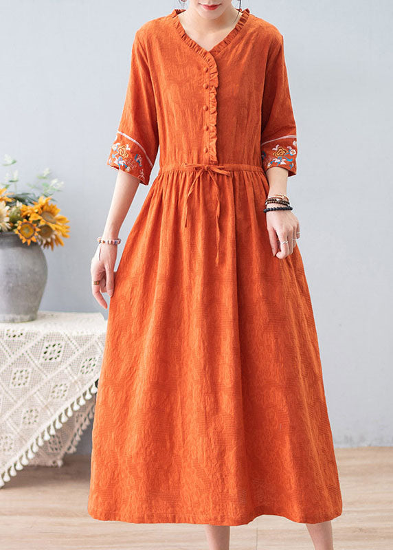 Bohemian Orange Ruffled Drawstring Embroideried Jacquard Cotton Dresses Half Sleeve