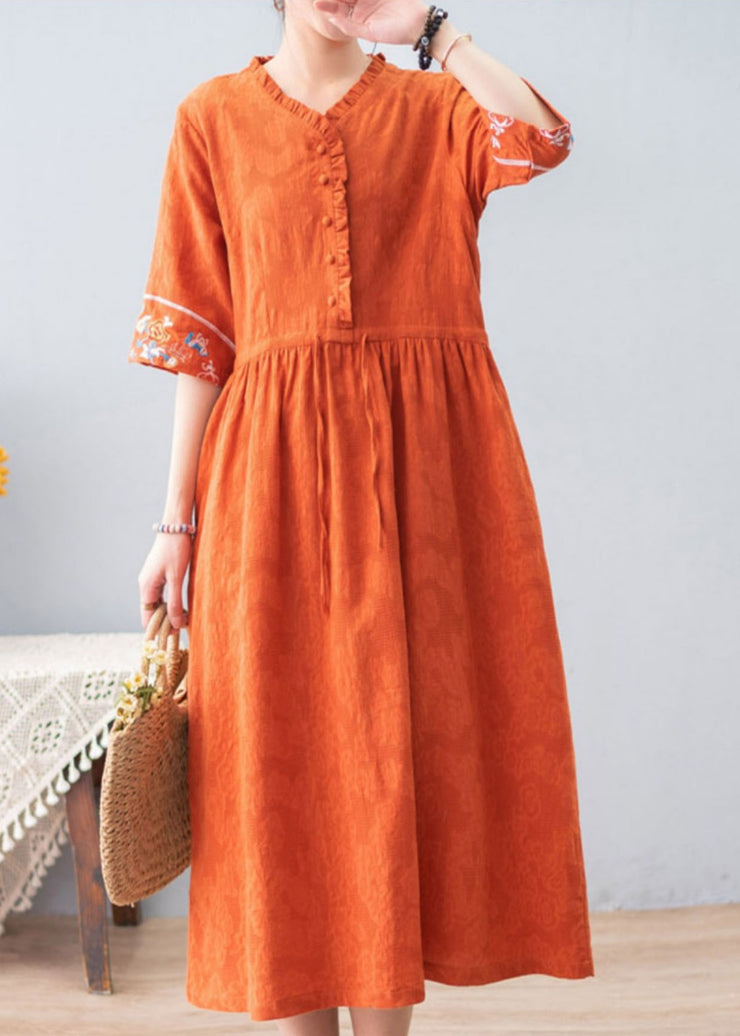 Bohemian Orange Ruffled Drawstring Embroideried Jacquard Cotton Dresses Half Sleeve