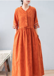 Bohemian Orange Ruffled Drawstring Embroideried Jacquard Cotton Dresses Half Sleeve