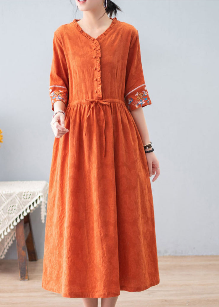 Bohemian Orange Ruffled Drawstring Embroideried Jacquard Cotton Dresses Half Sleeve