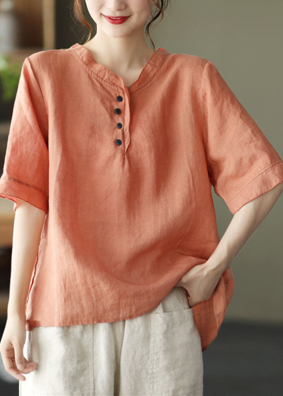 Bohemian Orange V Neck Button Cotton Shirt Half Sleeve