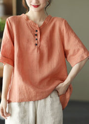 Bohemian Orange V Neck Button Cotton Shirt Half Sleeve